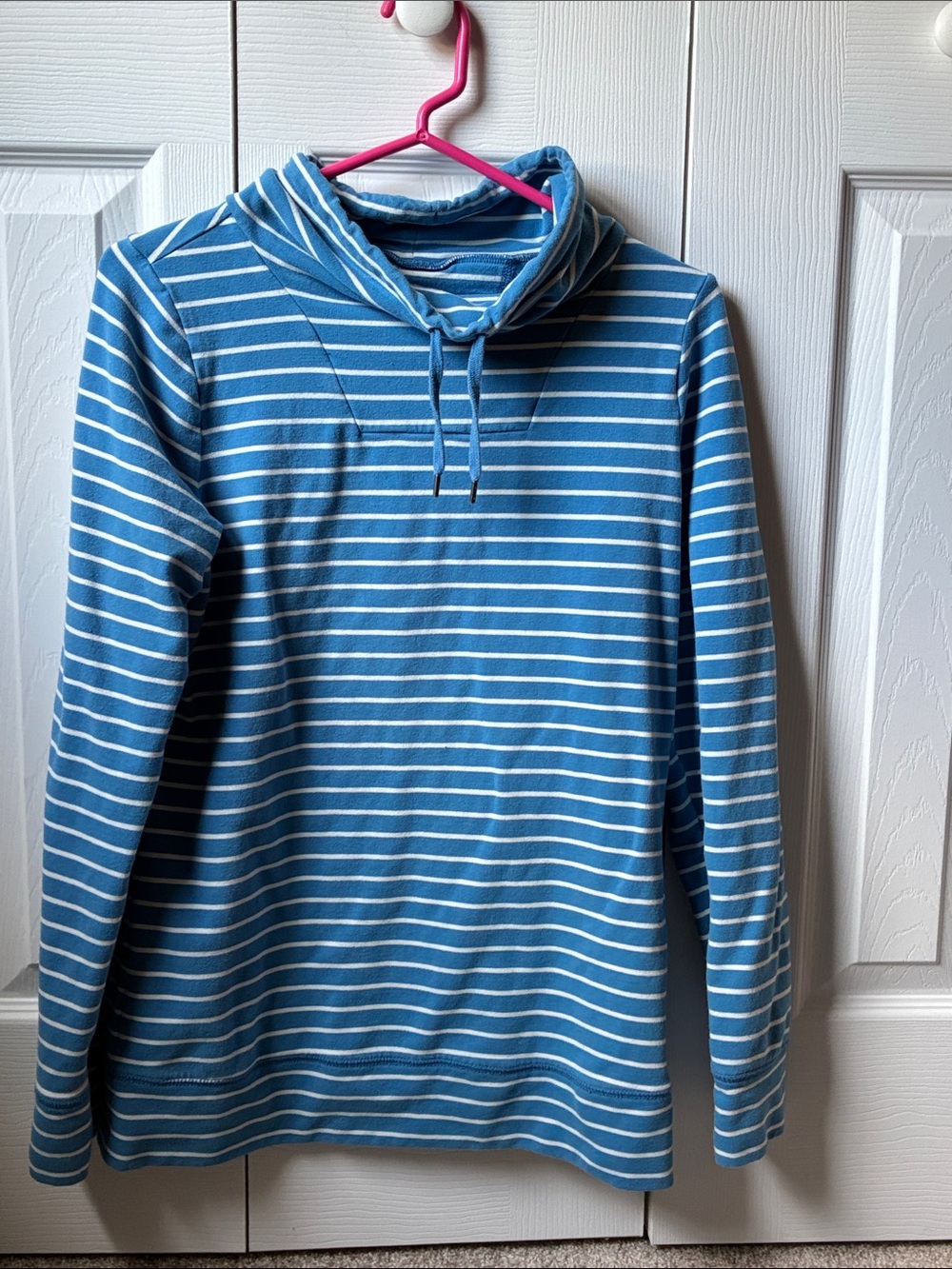 L.L. Bean Blue and White Striped Drawstring Funnel Neck Sweatshirt